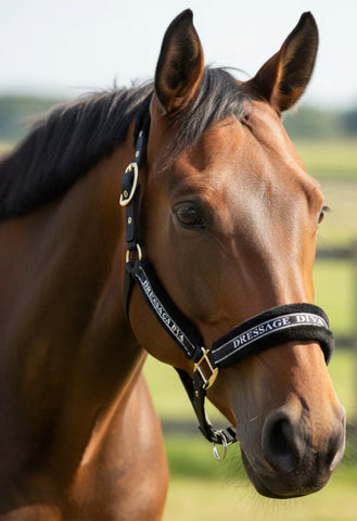The Dressage Diva Full fluff black Halter - black faux fur with Bonus Lead