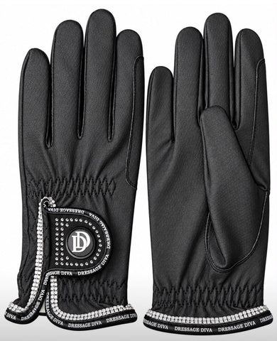 Dressage Diva Black Serino Gloves with Diamonte trim